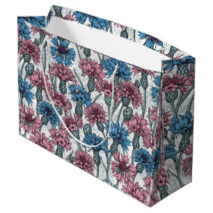 Sacola Para Presentes Grande Flores cor-de-rosa e azuis, flores silvestres, bra