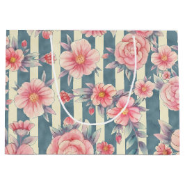 Sacola Para Presentes Grande Flores de Aquarela Rosa em Stripes