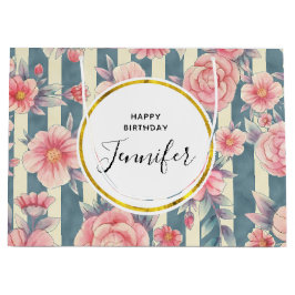Sacola Para Presentes Grande Flores de Aquarela Rosa em Stripes Aniversário