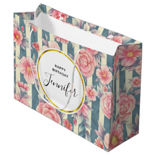 Sacola Para Presentes Grande Flores de Aquarela Rosa em Stripes Aniversário