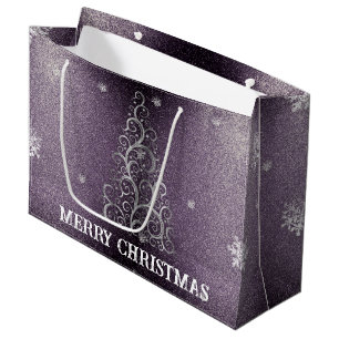 Sacola Para Presentes Grande Flores de Árvore de Natal e Flocos de Neve Roxo