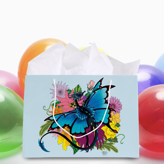 Sacola Para Presentes Grande Flores De Borboletas Azuis De Dragão (Criador carregado)