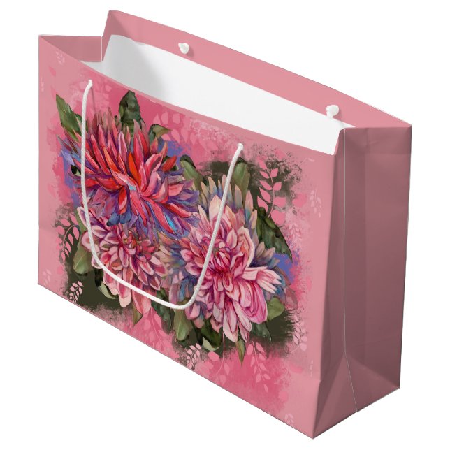 Sacola Para Presentes Grande Flores de dálias rosa aquarela (Frente inclinada)