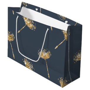 Sacola Para Presentes Grande Flores de Dandelion marinho Azul Dourado