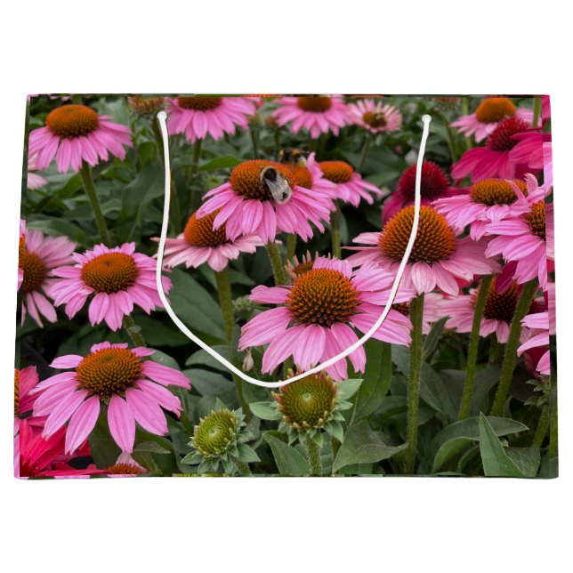 Sacola Para Presentes Grande Flores de Echinacea, Rosa e Gordas e Abelhas (Frente)