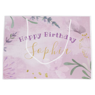 Sacola Para Presentes Grande Flores de Lavanda de Aquarela Cor-de-Água Rosa, Sa