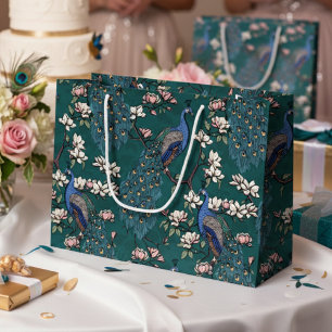 Sacola Para Presentes Grande Flores de Magnólia e Pavões Florais em Azul Turque