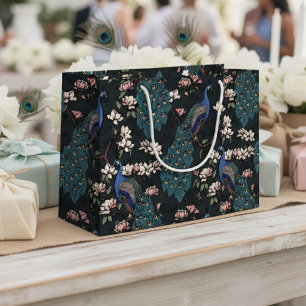 Sacola Para Presentes Grande Flores de Magnólia Pavões Florais Pretos Modernos