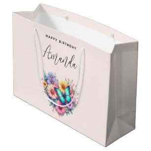 Sacola Para Presentes Grande Flores de Margarida com Aniversário de Borboleta B