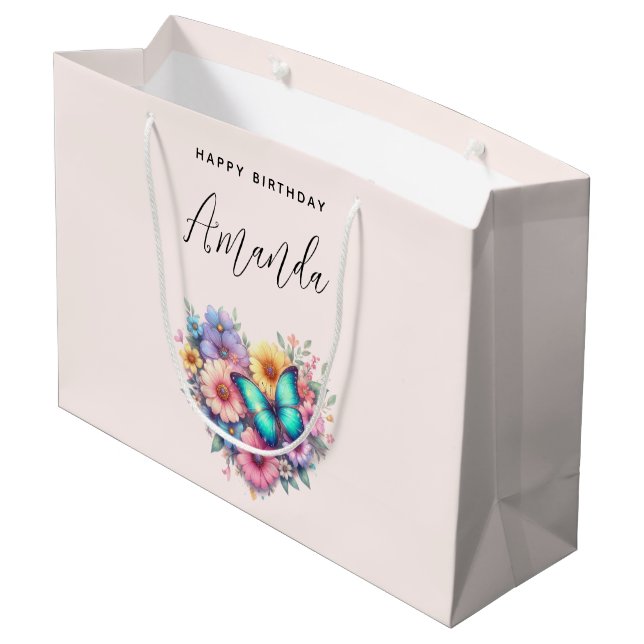 Sacola Para Presentes Grande Flores de Margarida com Aniversário de Borboleta B (Verso inclinado)