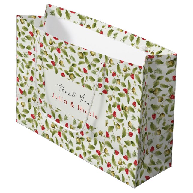 Sacola Para Presentes Grande Flores de Morango Silvestre Doce Vermelho Casament (Frente inclinada)