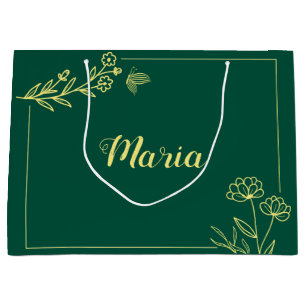 Sacola Para Presentes Grande Flores de ouro simples esmeralda verde casamento