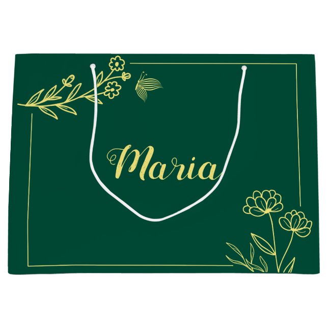 Sacola Para Presentes Grande Flores de ouro simples esmeralda verde casamento (Frente)