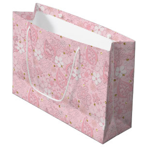 Sacola Para Presentes Grande Flores de papel cor-de-rosa