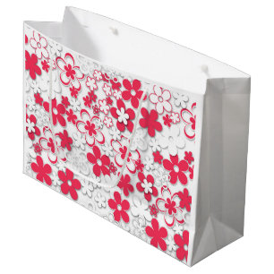 Sacola Para Presentes Grande Flores de papel vermelho e branco