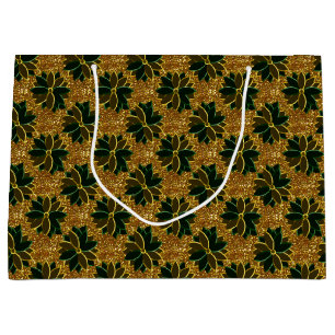 Sacola Para Presentes Grande Flores De Poinsettia Metálica-7-Verde-Dourada-GIFT