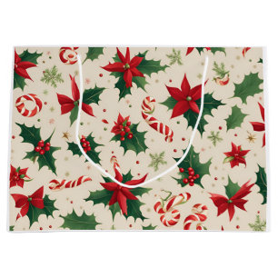 Sacola Para Presentes Grande Flores de poinsettia vermelha e presentes de folha