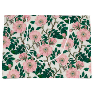 Sacola Para Presentes Grande Flores de Rosa selvagens cor-de-rosa e padrão de f