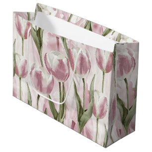 Sacola Para Presentes Grande Flores de Tulipa Rosa Branco Chic Aniversário