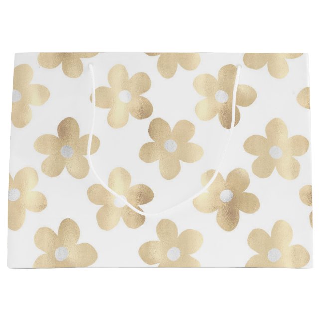 Sacola Para Presentes Grande Flores Douradas de margaridas brancas retrô (Frente)