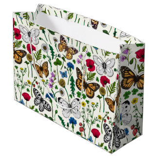 Sacola Para Presentes Grande Flores e borboletas selvagens em branco