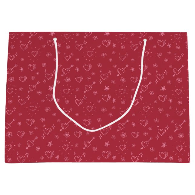 Sacola Para Presentes Grande Flores e Corações Rosa Padrão (Frente)