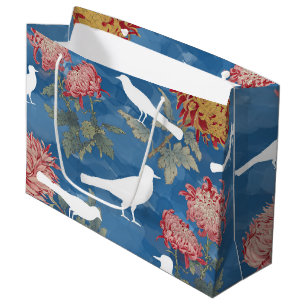 Sacola Para Presentes Grande Flores e Pássaros de Vintage de Cor Azul