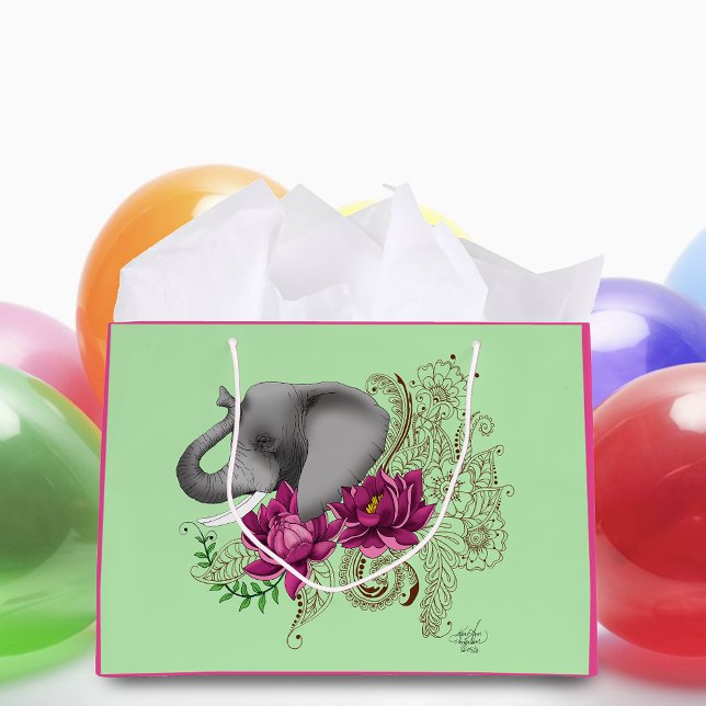 Sacola Para Presentes Grande Flores Elefantes Henna Lotus (Criador carregado)