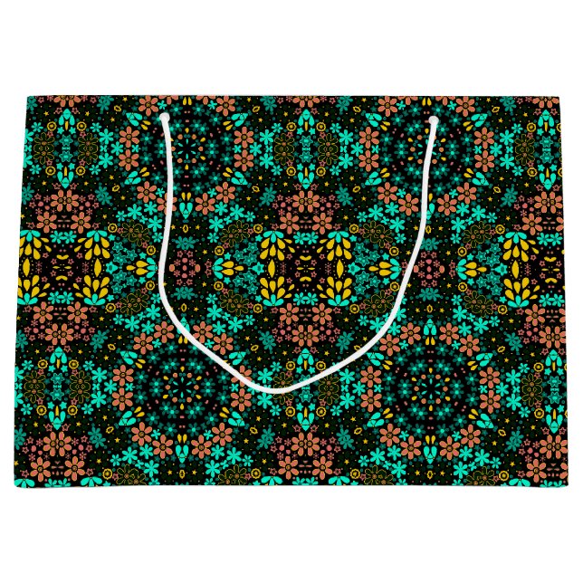 Sacola Para Presentes Grande Flores florais caleidoscópicas abstrato (Frente)