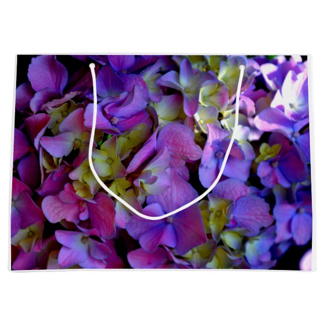 Sacola Para Presentes Grande Flores magenta púrpura amarelas Hydrangas (Frente)