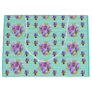 Sacola Para Presentes Grande Flores pansas florais Aqua Stripe Gift Bag