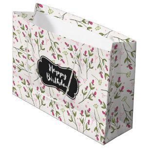 Sacola Para Presentes Grande Flores Selvagens, Rosa e Verde, Aniversário