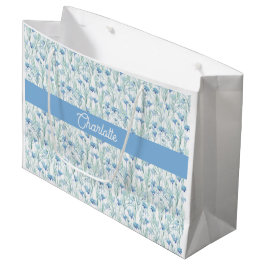 Sacola Para Presentes Grande Flores silvestres em aquarela azul nome personaliz