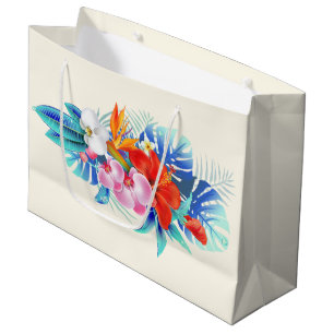Sacola Para Presentes Grande Flores Tropicais Exóticas - Rosa & Aquamarino