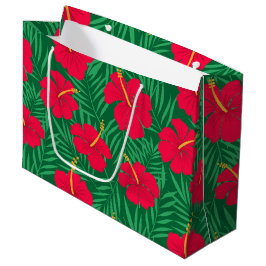Sacola Para Presentes Grande Flores Vermelhas de Hibisco em Padrão de Folhas Tr