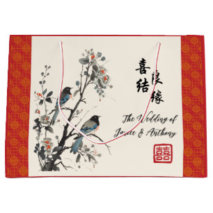 Sacola Para Presentes Grande Flores vermelhas pássaros chineses casamento orien