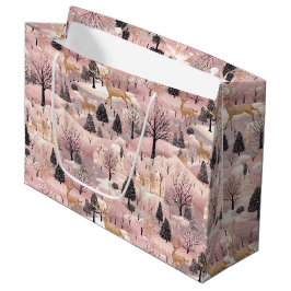Sacola Para Presentes Grande Floresta de Veados Rosa com Neve