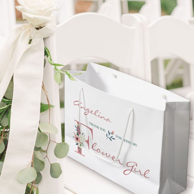 Sacola Para Presentes Grande Flower Girl Elegant Floral Personalizada Obrigado (Flower Girl Gift Bag with personalized thank you)