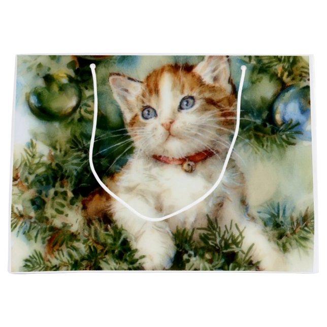 Sacola Para Presentes Grande Fluffy christmas cat Watercolor (Frente)