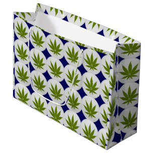 Sacola Para Presentes Grande Folha de Erva em Azul Branco e Meia-Noite
