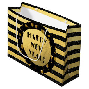 Sacola Para Presentes Grande Folha de feliz ano novo dourada, Saco de Presente 