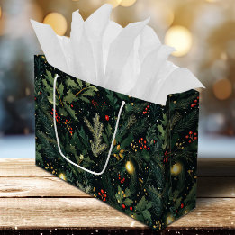 Sacola Para Presentes Grande Folhagem de Natal Holly Dark Winter Holiday