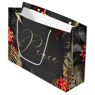 Sacola Para Presentes Grande Folhagem Tropical Dourada de Crimson Negro de Paz