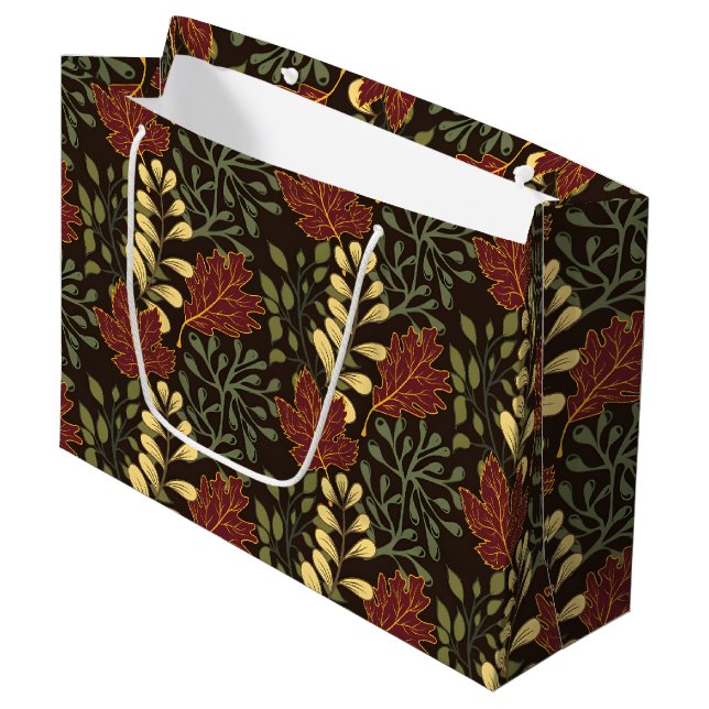 Sacola Para Presentes Grande Folhas de bordo vermelhas escuras em padrão floral (Frente inclinada)