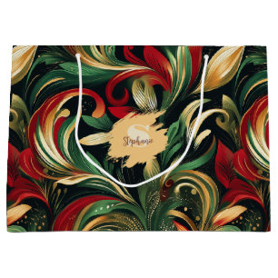 Sacola Para Presentes Grande Folhas Elegante Vermelhas, Verdes e Douradas de Fo