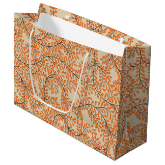 Sacola Para Presentes Grande Folhas Laranja Girando em Fundo Bege