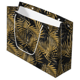 SACOLA PARA PRESENTES GRANDE FOLHAS TROPICAIS PRETAS E DORADAS