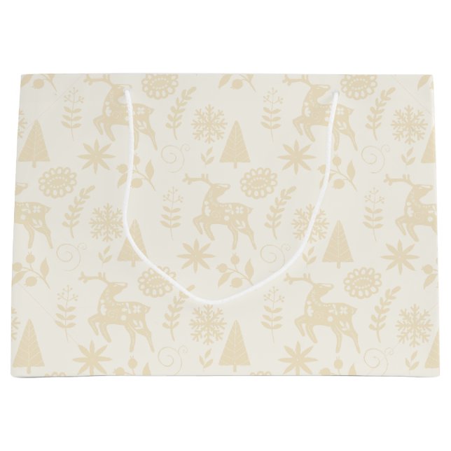 Sacola Para Presentes Grande Folk Art Deer Botanical Ivory Large Gift Bag (Frente)