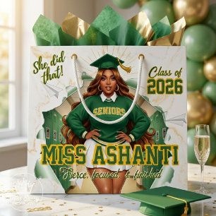 Sacola Para Presentes Grande Formatura Menina Negra 2026 Verde e Dourado