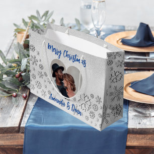 Sacola Para Presentes Grande Foto azul de prata de Natal